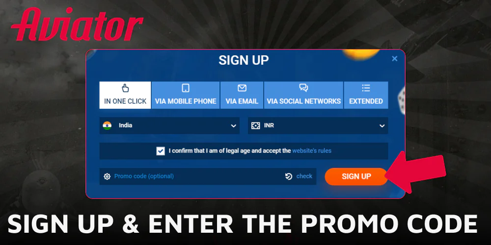 Sign up and enter the promo code to get an Aviator bonus